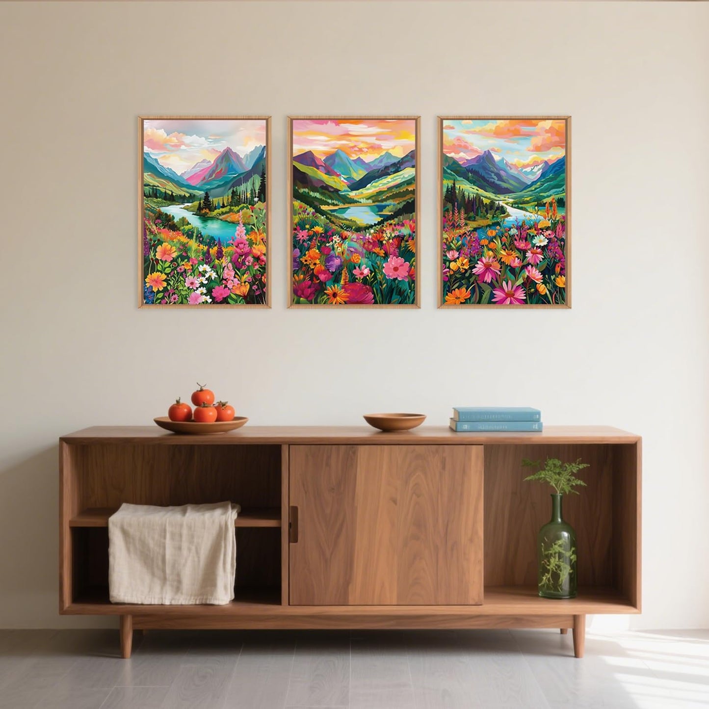 Wildflower Blossom Framed Canvas Wall Art Set, Colorful Flowers Painting, Abstract Landscape Wall