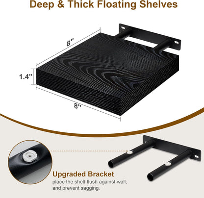 Fun Memories Black Floating Shelves 8 Inch Long, 8" Deep Wall Shelves, Small Deep Floating Shelf