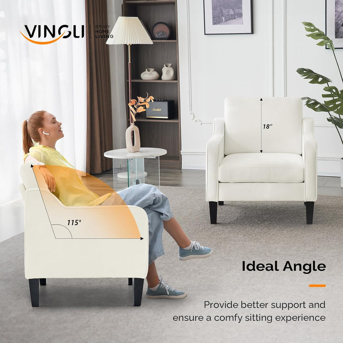 VINGLI Mid Century Modern Accent Chairs for Living Room, Cream White Comfy Reading Chair Soft