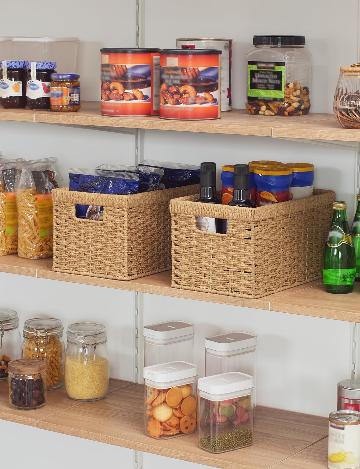 StorageWorks Round Paper Rope Storage Baskets, Rectangular Wicker Baskets with Built-in Handles
