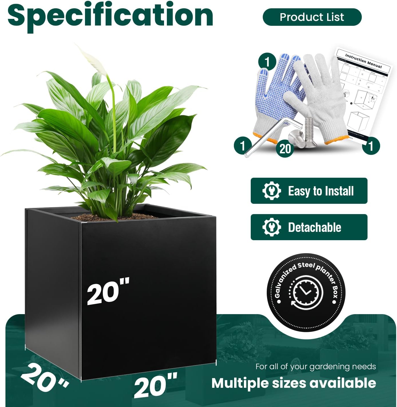 Galvanized Steel Planter Box Black Metal Planter Large Square Indoor Outdoor Planters Cube Steel