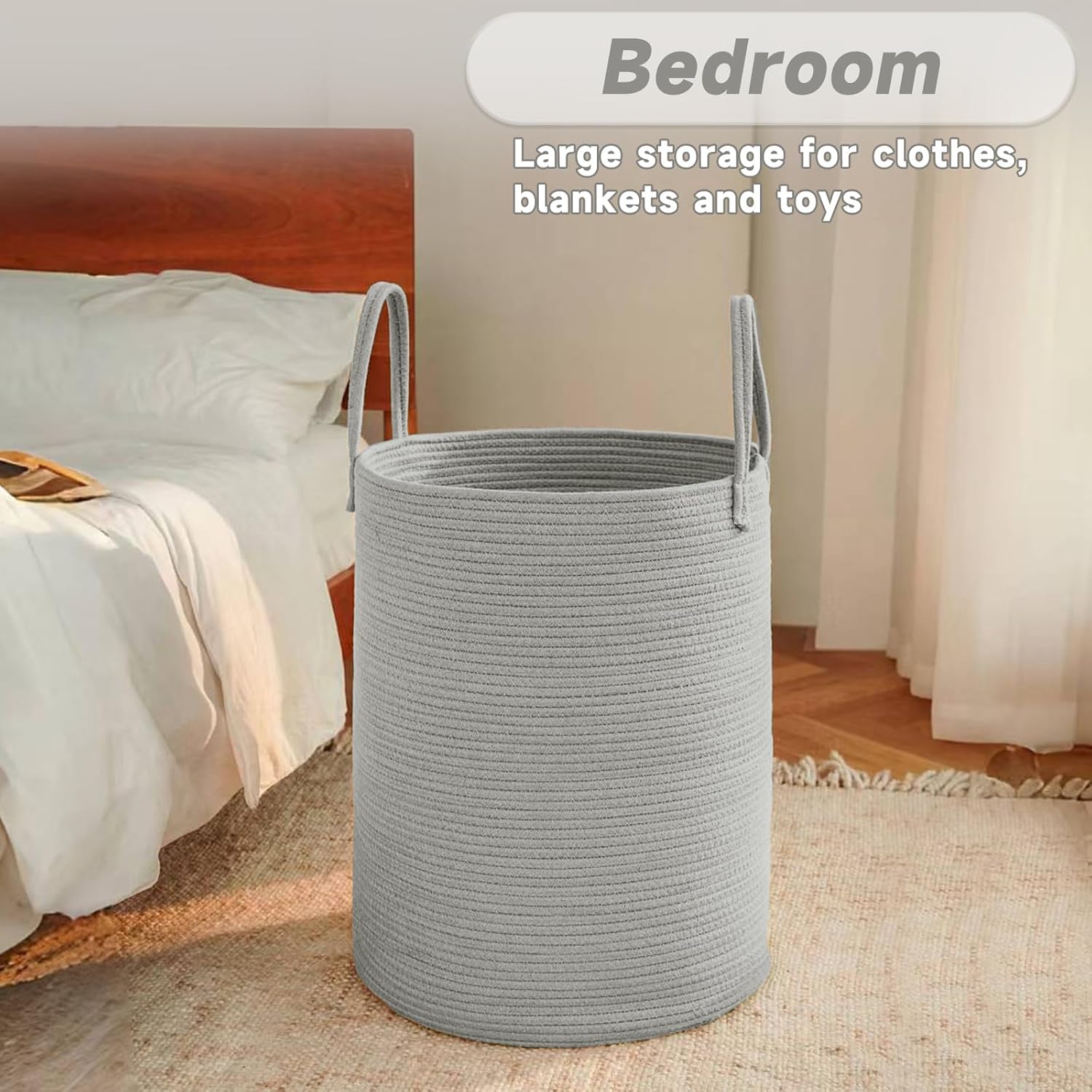 Large Woven Laundry Basket Hamper,60L Cotton Rope Storage Bin for Blankets,Toys and