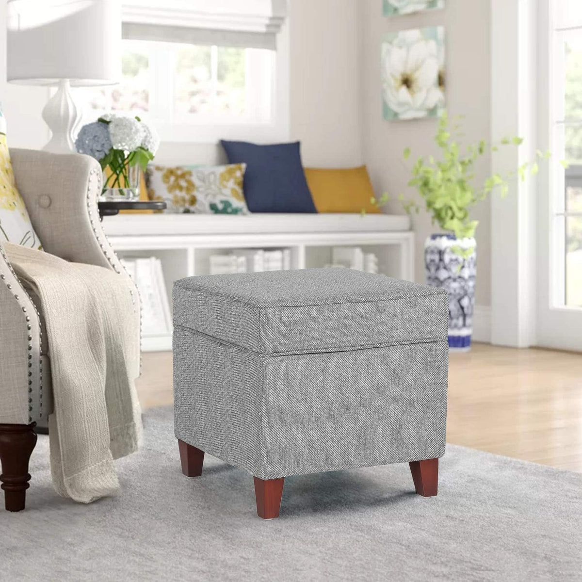 Adeco 17" Square Ottoman with Storage, Small Blue Storage Ottoman Foot Rest with Hinged Lid & Solid