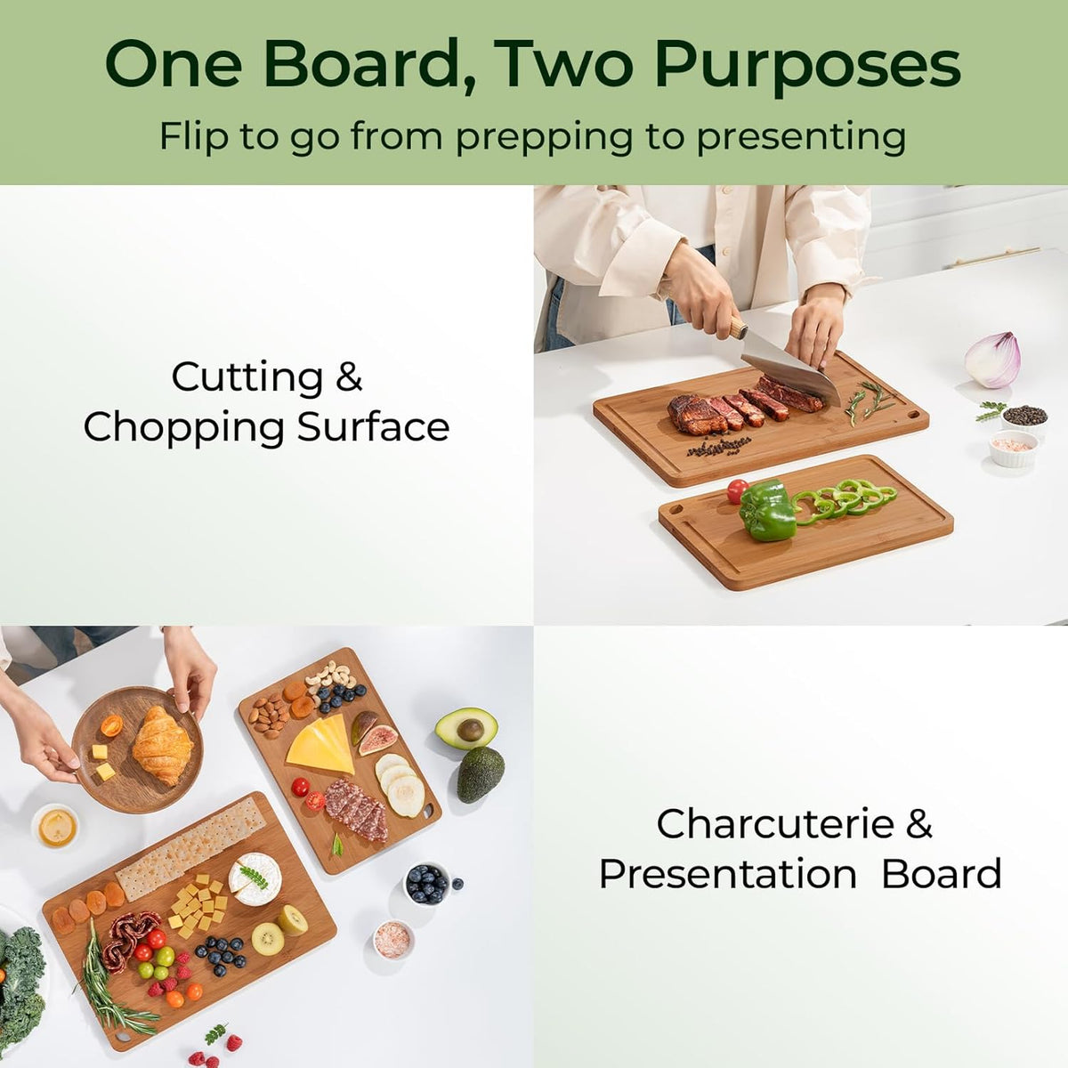 Butcher Block 2-Pcs Carbonized Bamboo Cutting Board Set With Juice Groove For Meal Prep & Cheese