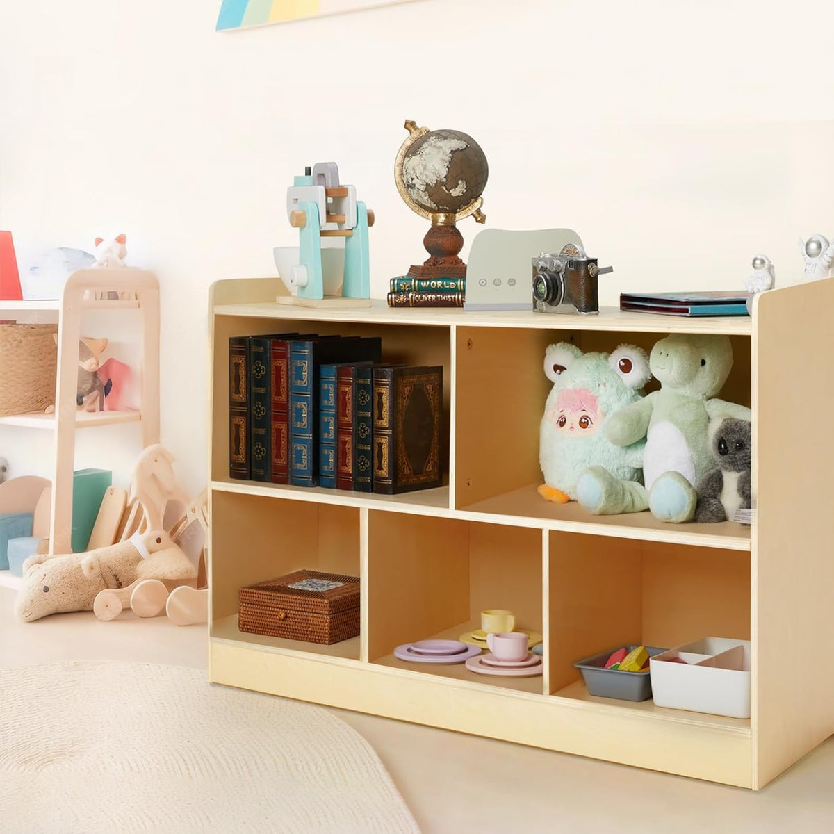 Montessori Shelf, Wooden Toy Storage Organizer for Books Toys, 2 Shelf Bookcase, 5-Section Storage