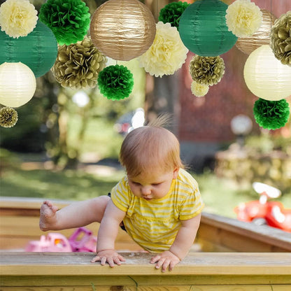 Green Gold Party Decorations, Hanging Paper Lanterns and Pom Poms Flowers for Woodland Baby Shower