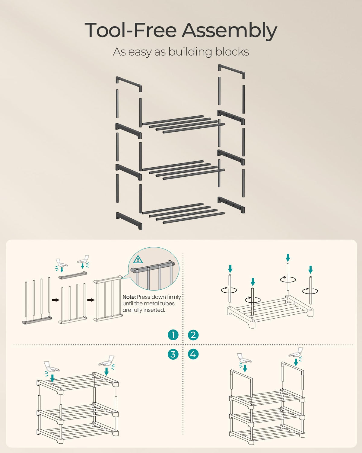 SONGMICS Shoe Rack, 3-Tier Shoe Organizer, Metal Storage Shelf, Upright or Upside Down, for 4-8