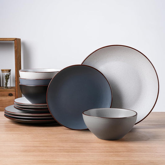 Famiware Venus Plates and Bowls Sets, 12 Pieces Stoneware Speckled Dinnerware Sets, Dishes Set for