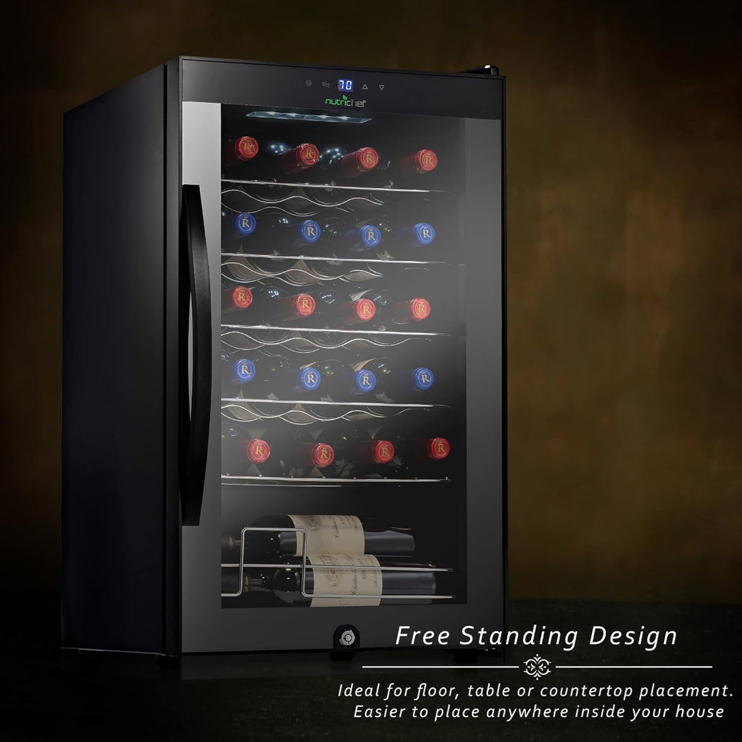 Nutrichef 24 Bottle Wine Fridge | Single Zone Wine Chiller | Adjustable Temperature Control 41°F to