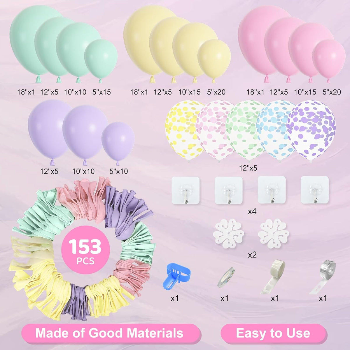 Amandir 153pcs Pastel Balloons Garland Arch Kit, Different Sizes 18 12 10 5inch Pastel Pink Yellow