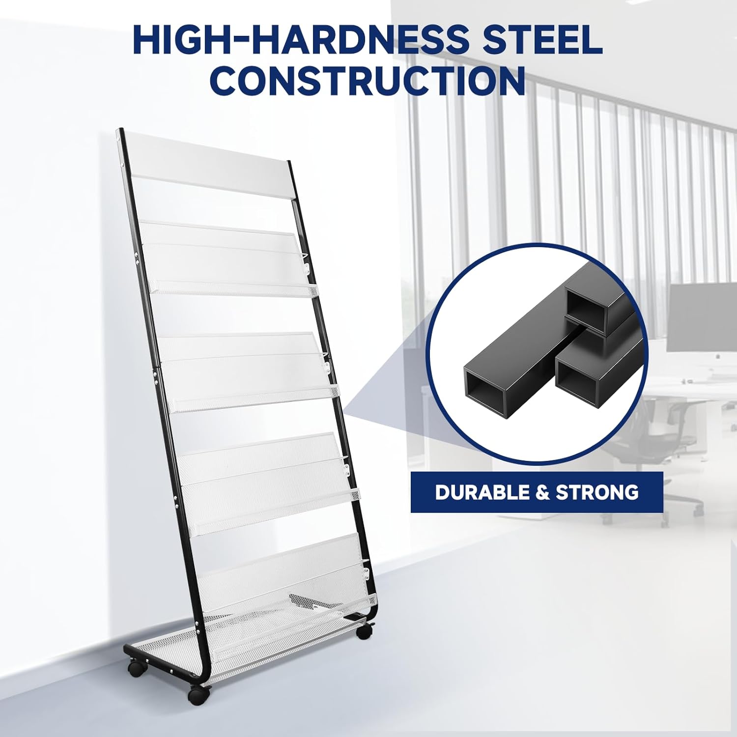 4-Tier Floor-Standing Magazine Rack with Wheels – Perfect Brochure Display Stand for Exhibitions