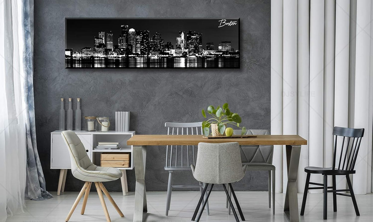 DJSYLIFE Boston Skyline Wall Art Canvas Wall Art Black and White Modern Panoramic Cityscape