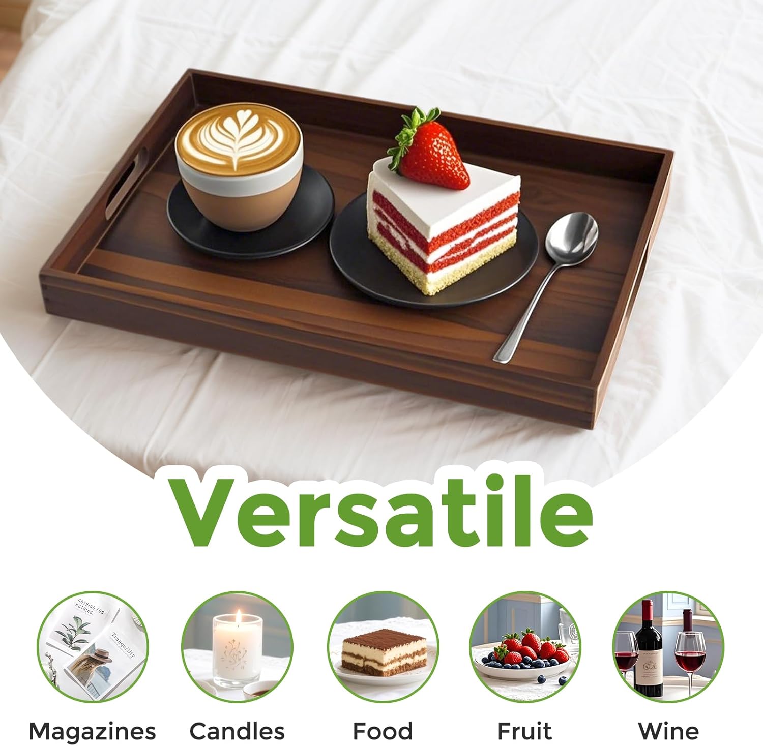 Acacia Wood Serving Tray with Handles, 17 Inch Wooden Tray for Ottoman, Breakfast, Lunch, Dinner