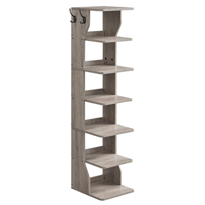 VASAGLE 7-Tier Vertical Shoe Rack, Narrow Shoe Storage Organizer with Hooks, Slim Corner Tower