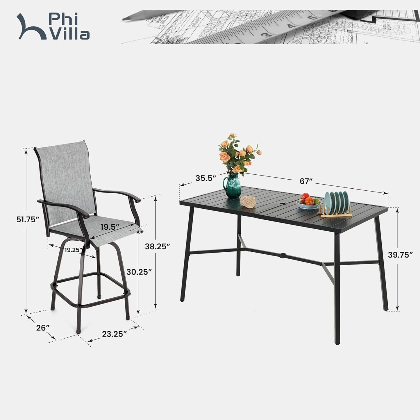 PHI VILLA 7 Piece High Top Patio Bar Set, Outdoor Bar Height Table and Chairs Dining Furniture Set