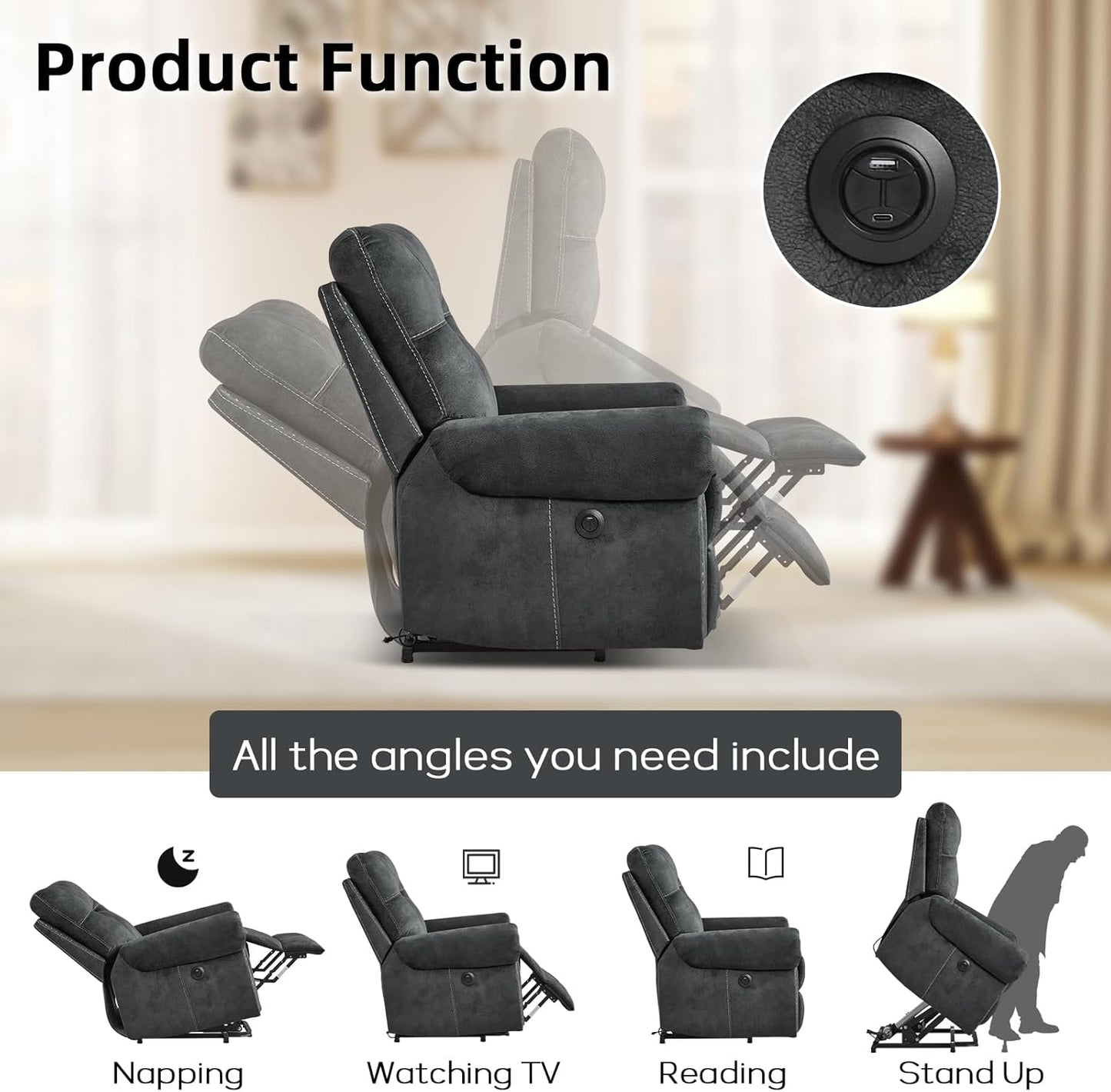 EBELLO Electric Power Recliner Chair with Massage and Heat, Soft Fabric Massage Recliner for