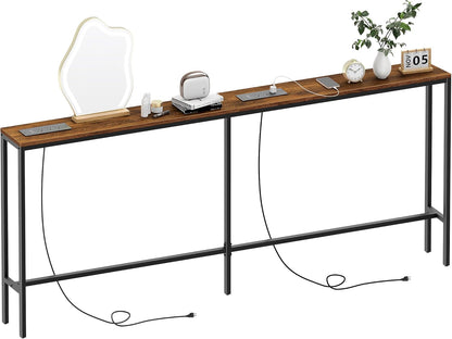 Narrow Sofa Table with 2 Power Outlets, 71” Thin Console Tables Narrow Long, Behind Couch Table