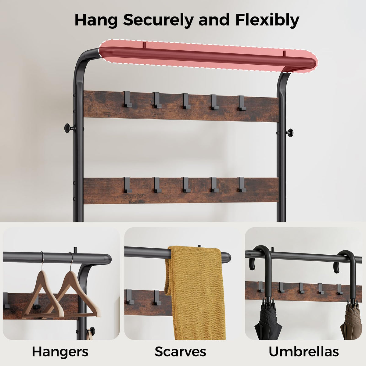 KMFurnila Hall Tree with Bench and Shoe Storage, 4-in-1 Entryway Organizer with 10 Hooks and