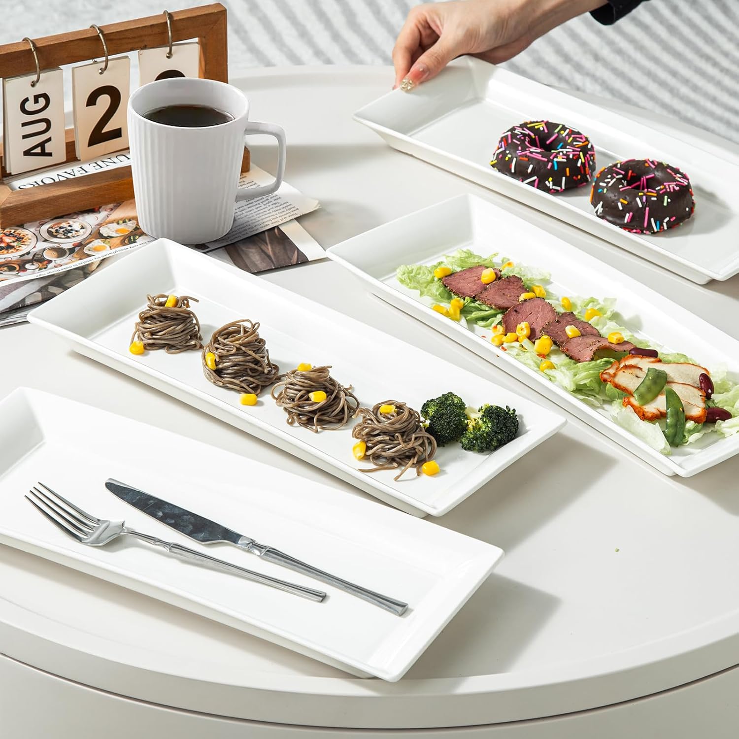 Rectangular Ceramic Serving Platters Set of 4, 14 inch Large Porcelain Serving Plates, White