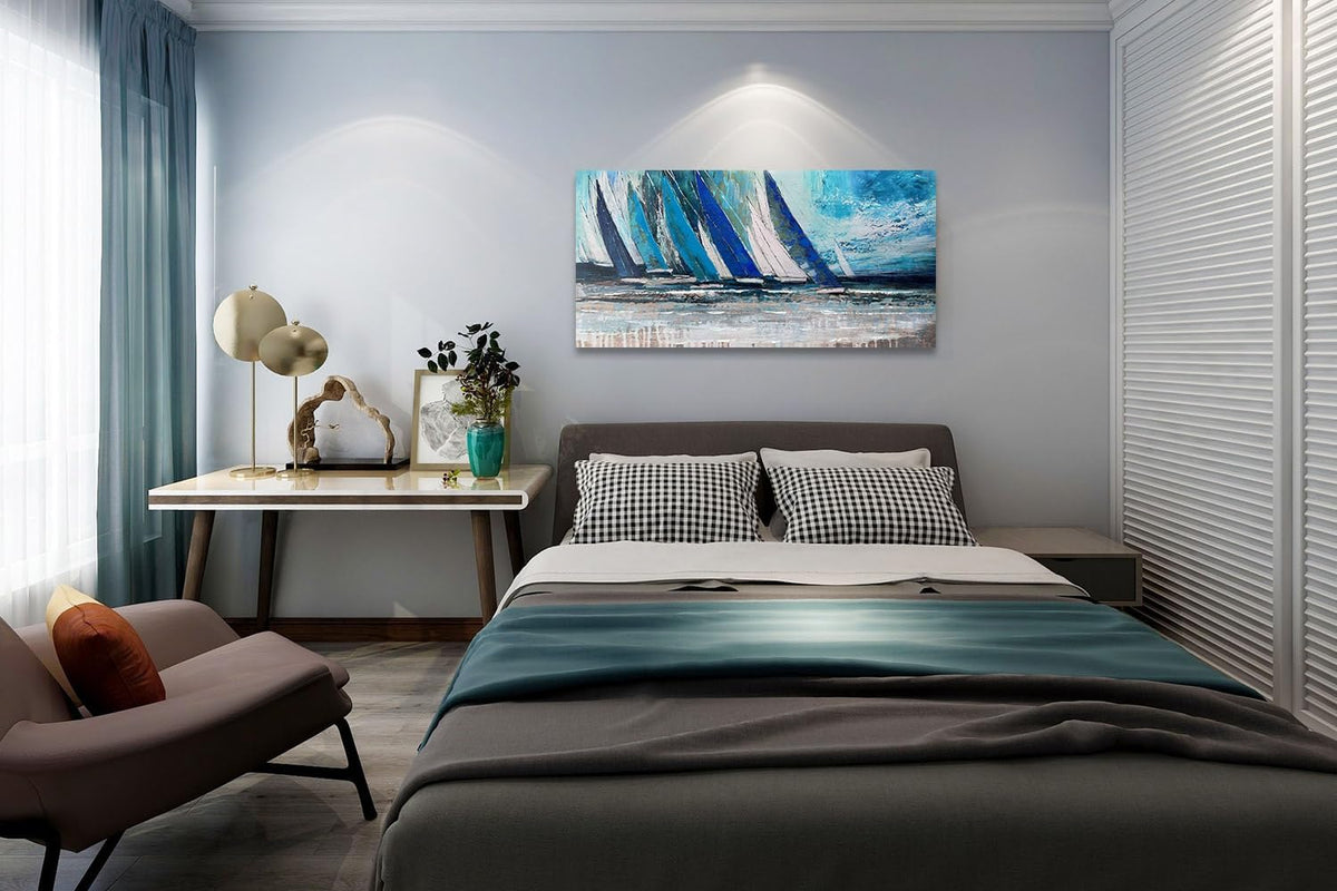 Arjun Blue Abstract Wall Art Canvas Teal Ocean Sailboat Picture Modern Turquoise Coastal Nautical