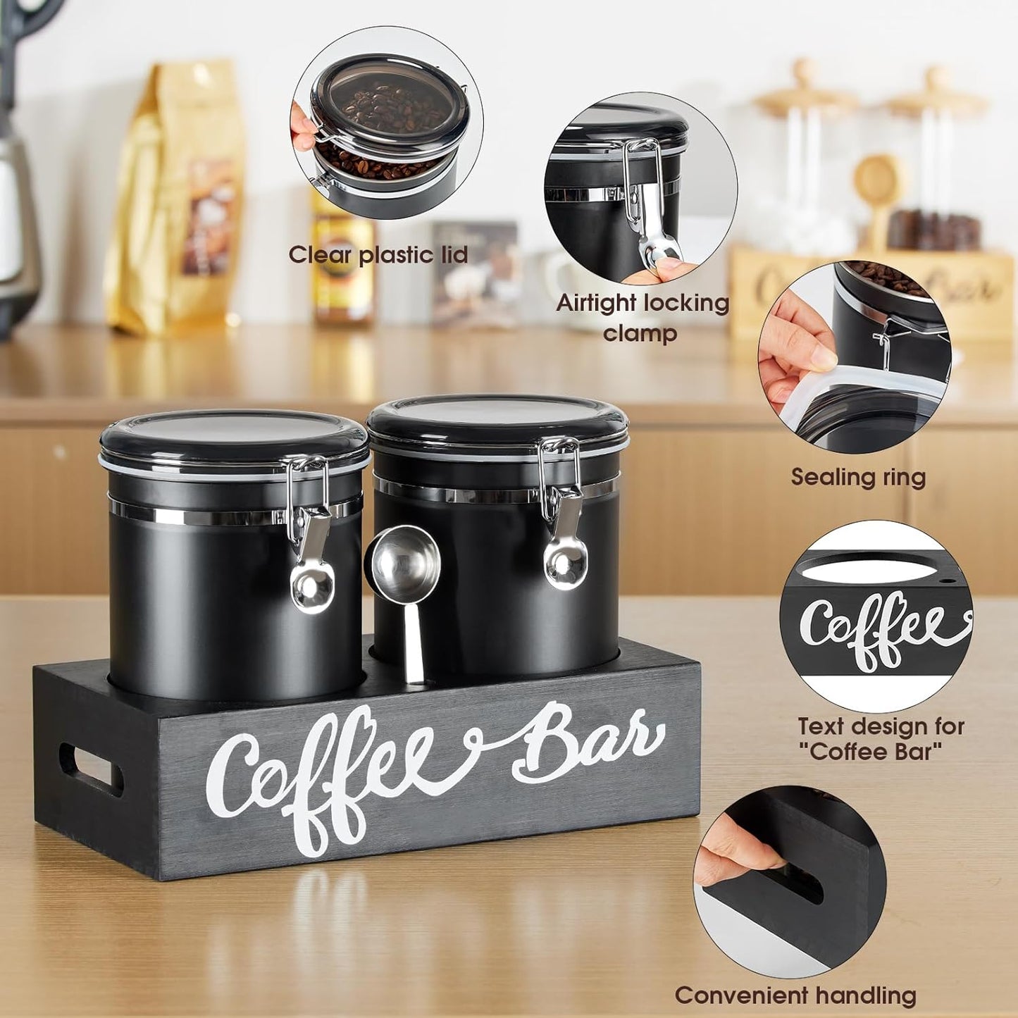 Yangbaga 2 x 63OZ Stainless Steel Coffee Canisters with Handle Shelf, Airtight Locking Clamp &