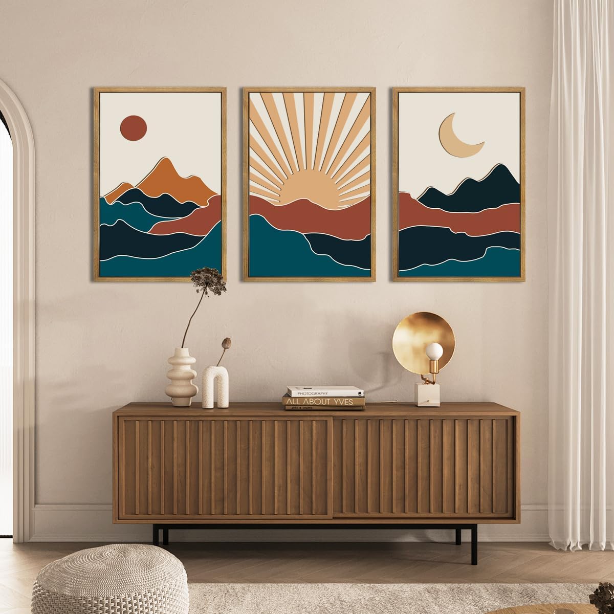 Large Boho Mountain Wall Art Set Modern Abstract Bohemian Wood Wall Decor Colorful Mid Century