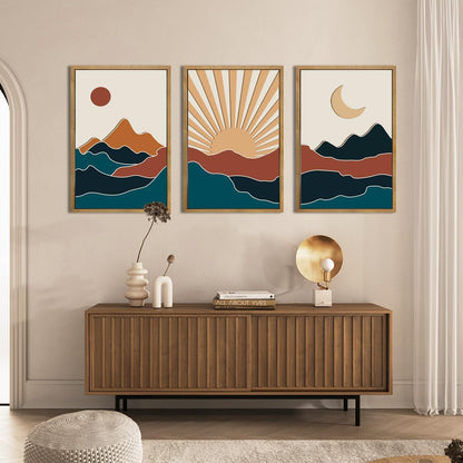 Large Boho Mountain Wall Art Set Modern Abstract Bohemian Wood Wall Decor Colorful Mid Century