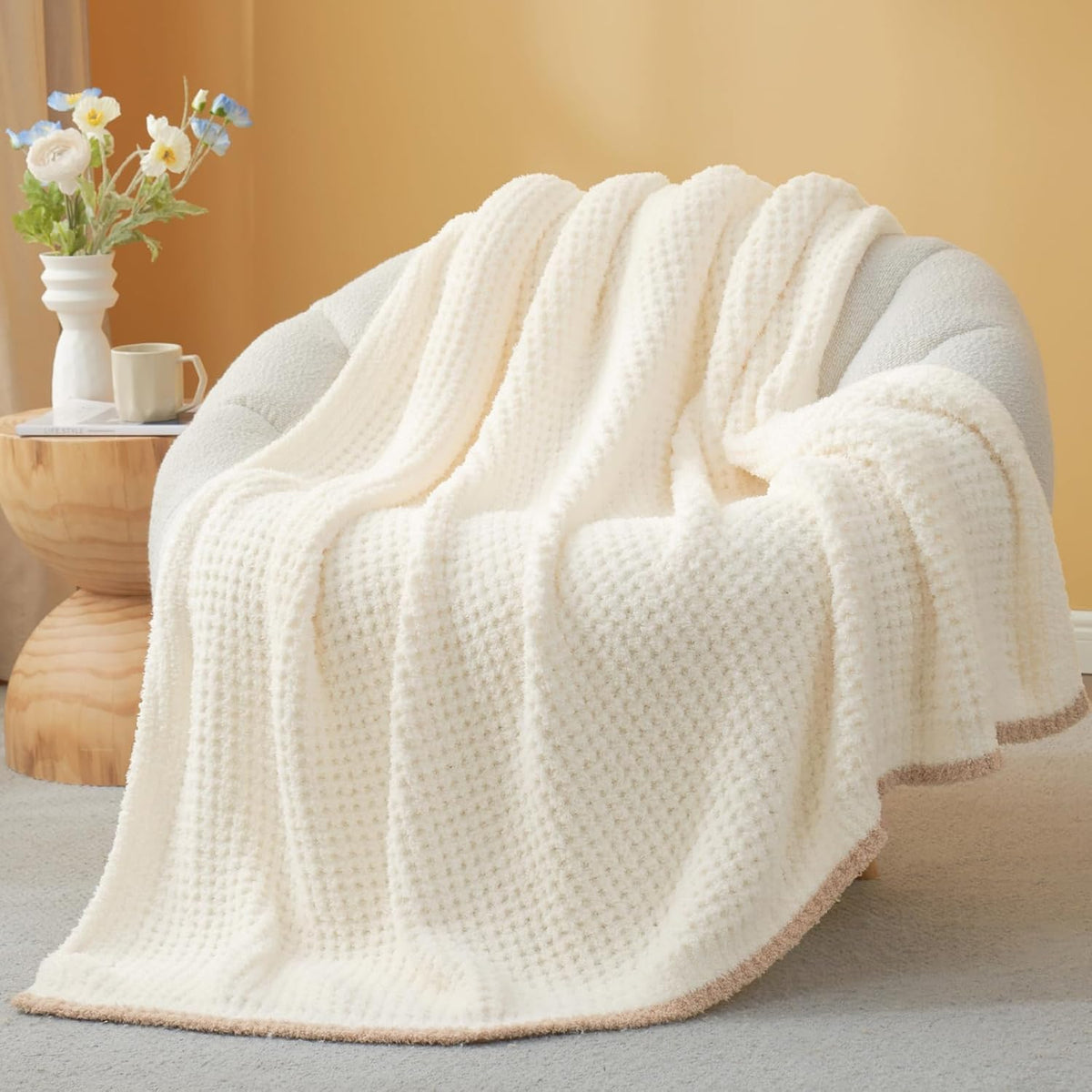 Snuggle Sac Ultra Soft Waffle Throw Blanket for Couch Bed Sofa 50x60 inches, Reversible Cream