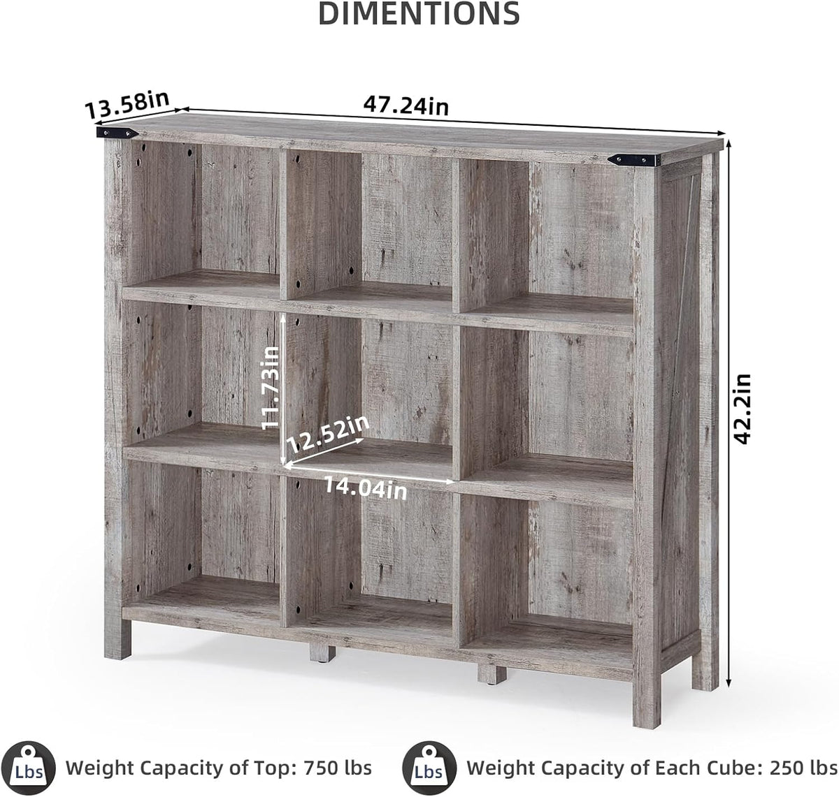 9 Cube Bookcase, Farmhouse 47 Inch Wide Grey Oak Bookshelf, Wooden 3 Tier Display Large Open Book