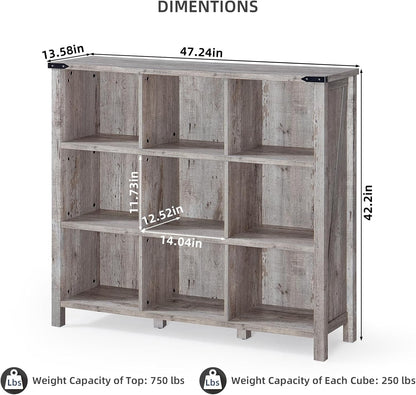 9 Cube Bookcase, Farmhouse 47 Inch Wide Grey Oak Bookshelf, Wooden 3 Tier Display Large Open Book