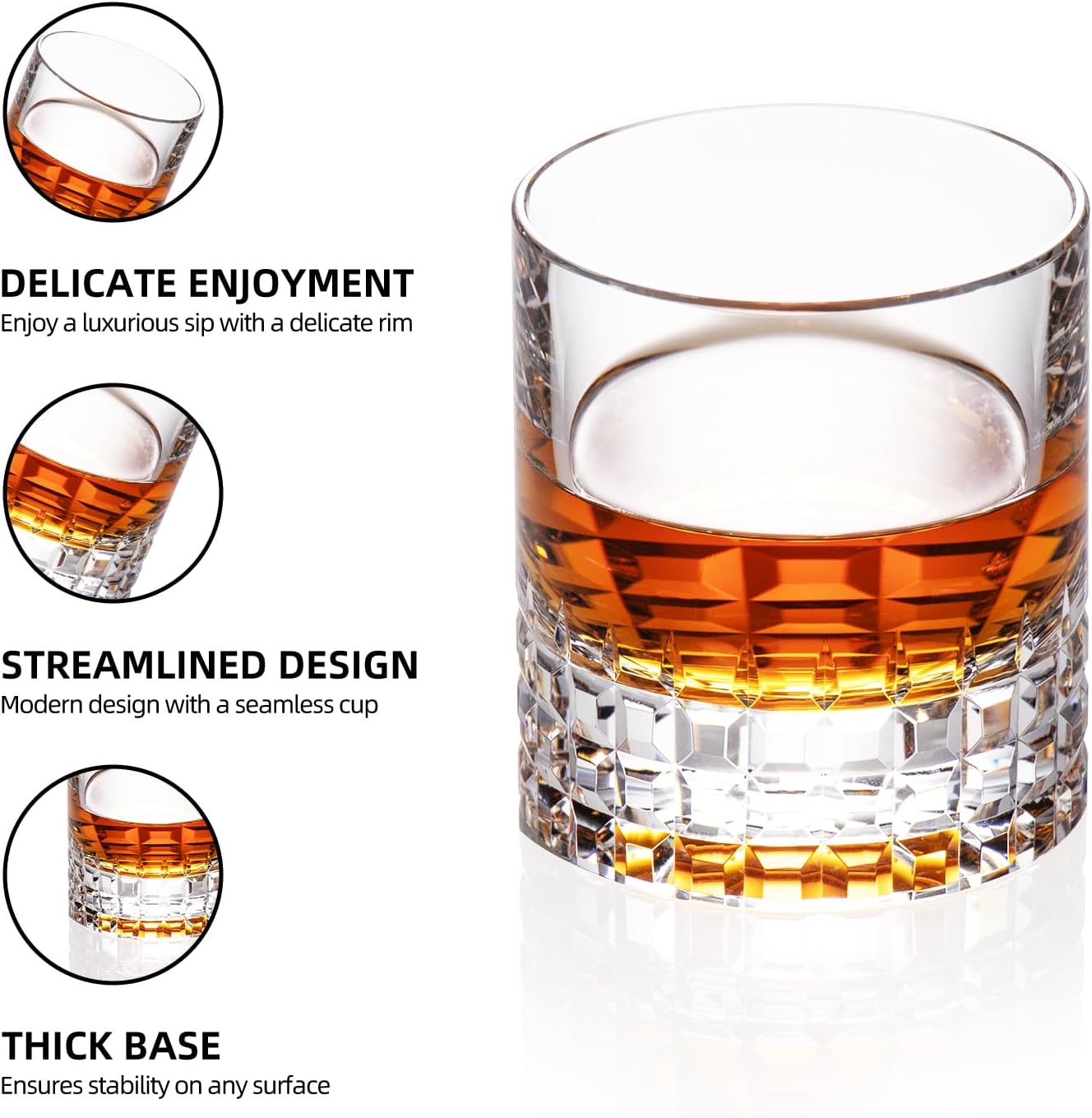KAMMAK Crystal Whiskey Glasses Set of 2, Luxury 7.78oz Old Fashioned Glasses Stemless, Hand Blown