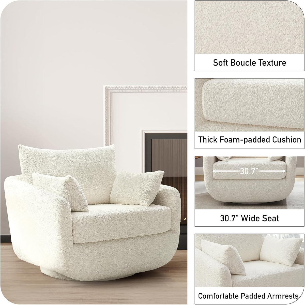 360° Swivel Accent Armchair, 39.3" Oversized, Sherpa Boucle Fabric Sofa Chair with Removable Back &