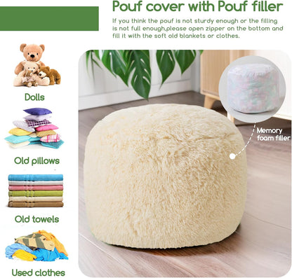HIGOGOGO Round Stuffed Pouf Ottoman, Long Faux Fur Poufs with Foam Chunk Filling, Fluffy and Furry