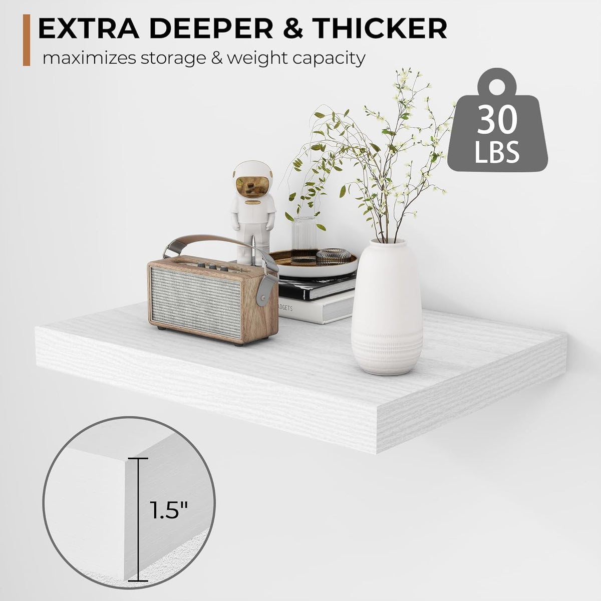 Fun Memories Floating Shelves - 2 Pack 12 Inch Deep Rustic Wooden Wall Shelves - Extra Deeper &