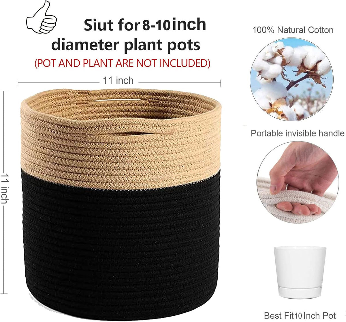Woven Cotton Rope Plant Basket for 10" Flower Pot Floor Indoor Planters Flower Pot, Home Decor