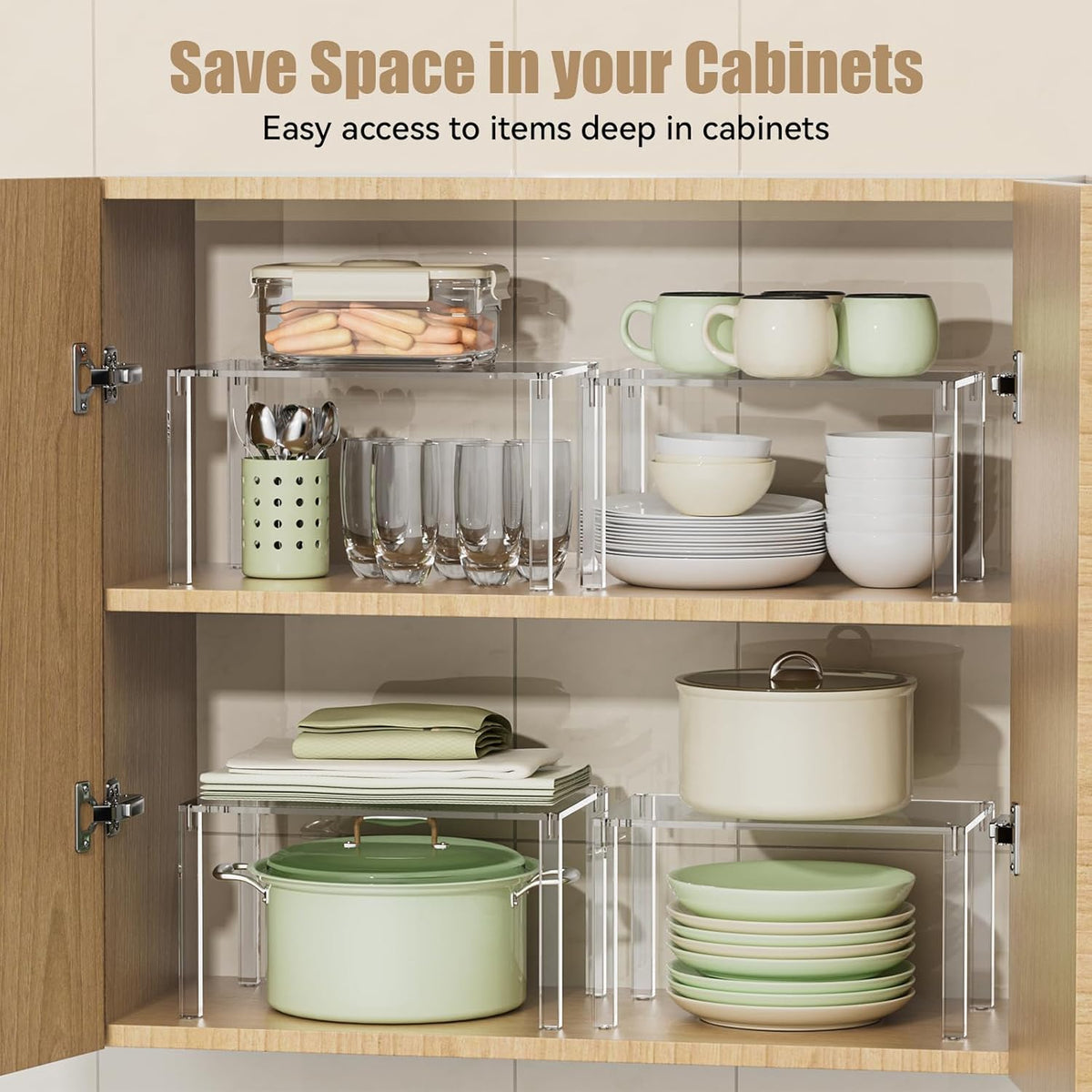 Clear Cabinet Organizer: Acrylic Shelf Riser Set of 4 for Kitchen Pantry Organizers and Storage