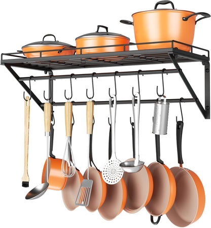 OROPY 31 Inch Wall Mounted Pot Rack Storage Shelf with 2 Tier Hanging Rails 14 S Hooks included