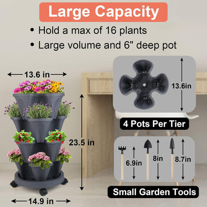DUNCHATY Stackable Planter, Vertical Garden Planter with Wheels and Tools, Self Watering Strawberry