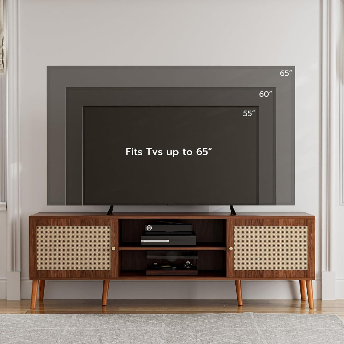 TV Stand for TVs up to 65'', Entertainment Center With Rattan Door, Shelves & 2 Cabinets, Long Boho
