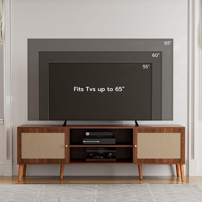TV Stand for TVs up to 65'', Entertainment Center With Rattan Door, Shelves & 2 Cabinets, Long Boho