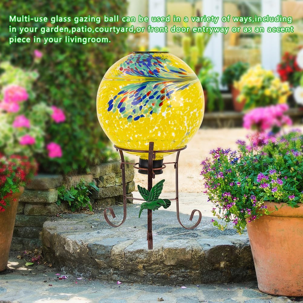 10" Diameter Solar Gazing Ball and 8.5" Metal Stand Indoor Outdoor Glass Globe Sphere Yard Art