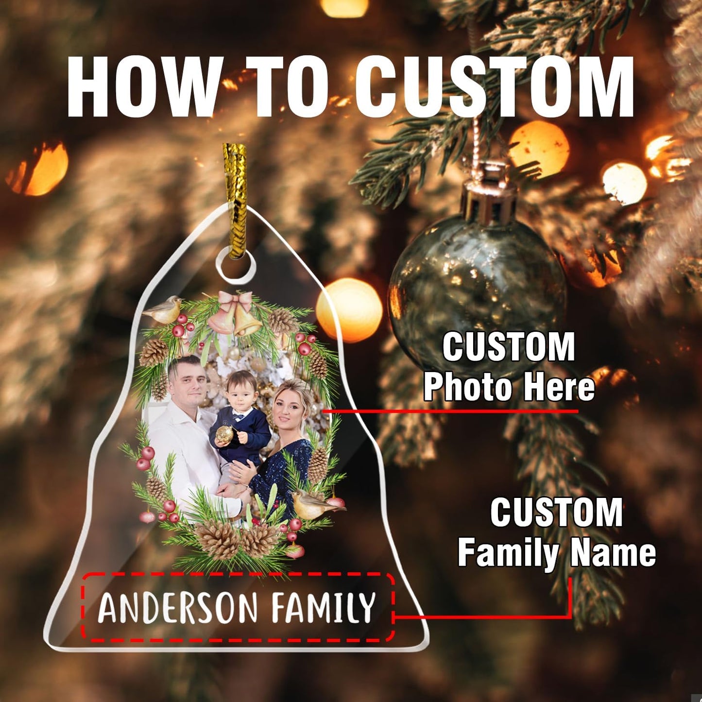 Personalized Photo Crystal Ornaments, Christmas Tree Hanging Decor, Custom Ornaments for Family