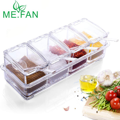 ME.FAN Clear Seasoning Rack Spice Pots - 4 Piece Acrylic Seasoning Box - Storage Container