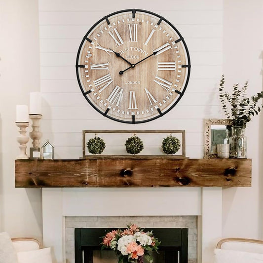 20 Inch Large Farmhouse Wall Clock, Rustic Antique Wood with Metal Circle and Large Engraved