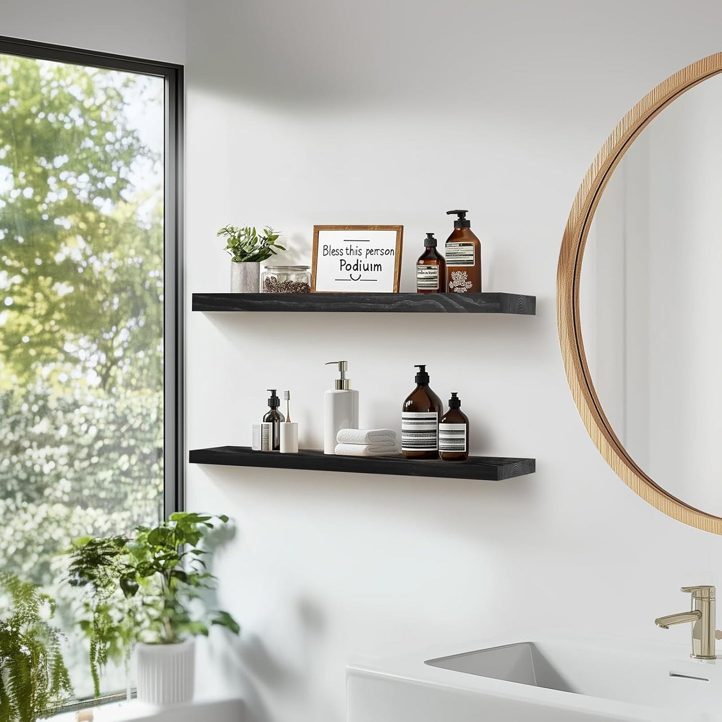 Floating Wall Shelves 2-Pack - Rustic Black 16-inch Wooden Wall Shelves for Storage and Décor