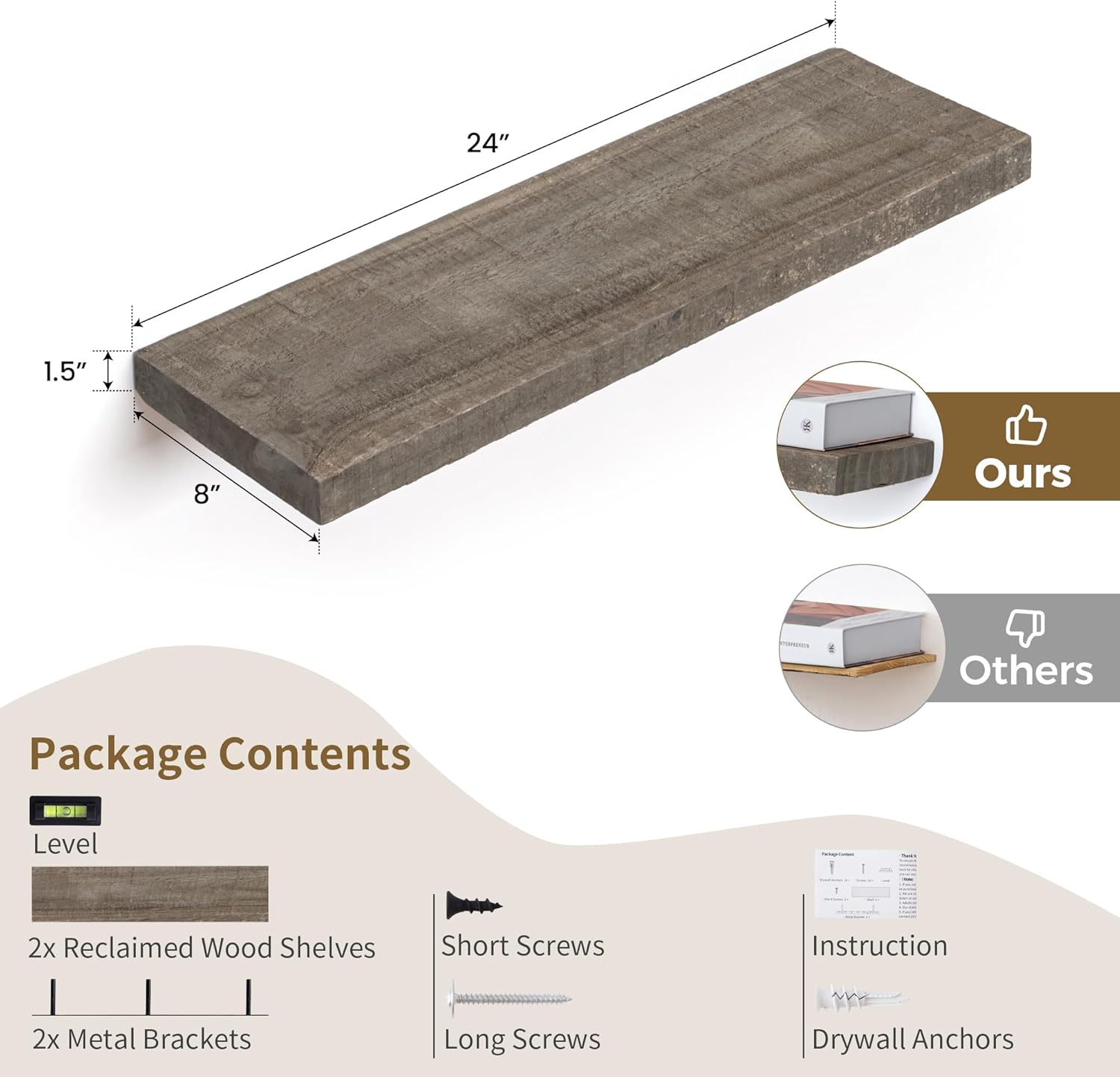 Floating Shelves, 8 Inch Deep Rustic Solid Reclaimed Wood Wall Shelves for Storage, Wall Mounted