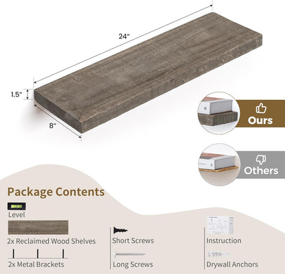 Floating Shelves, 8 Inch Deep Rustic Solid Reclaimed Wood Wall Shelves for Storage, Wall Mounted