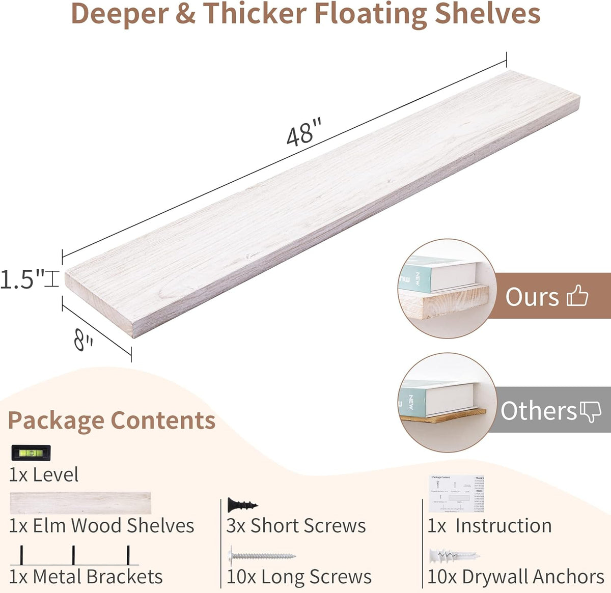 Axeman Floating Shelves for Wall, Rustic Elm Wood 48''W x 8" D Wall Shelf with Invisible Bracket