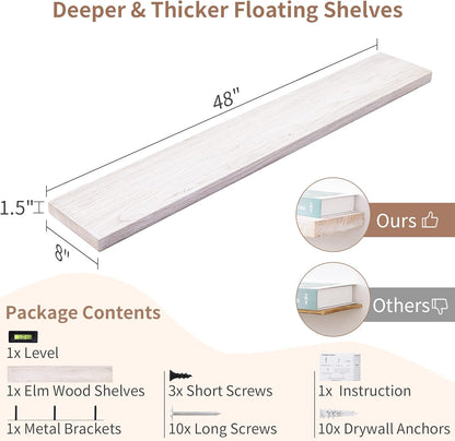 Axeman Floating Shelves for Wall, Rustic Elm Wood 48''W x 8" D Wall Shelf with Invisible Bracket
