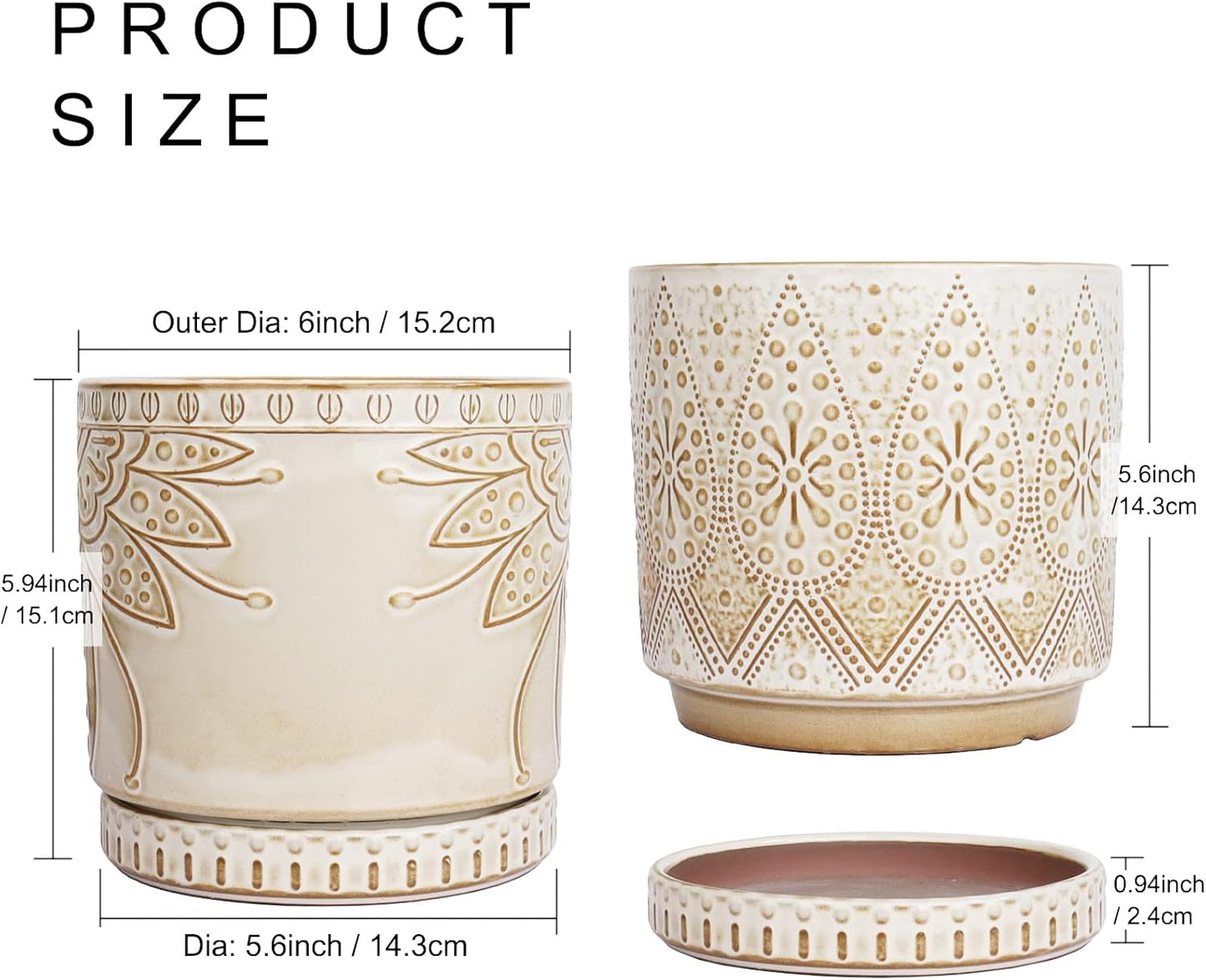 6 Inch Indoor Plant Pots with Drainage Holes and Saucers, Ceramic Planter for Plants, Flower Pot